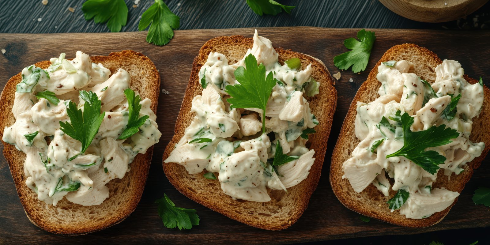 Delicious chicken salad served on toasted bread with fresh herbs for a tasty meal